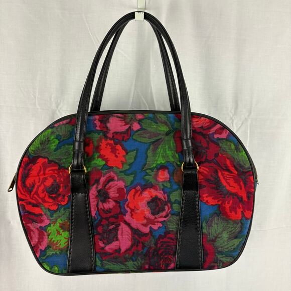 Vintage 70s Floral Tapestry Weekender Carry On Bag Tote Red Pink Green Blue - Picture 1 of 8
